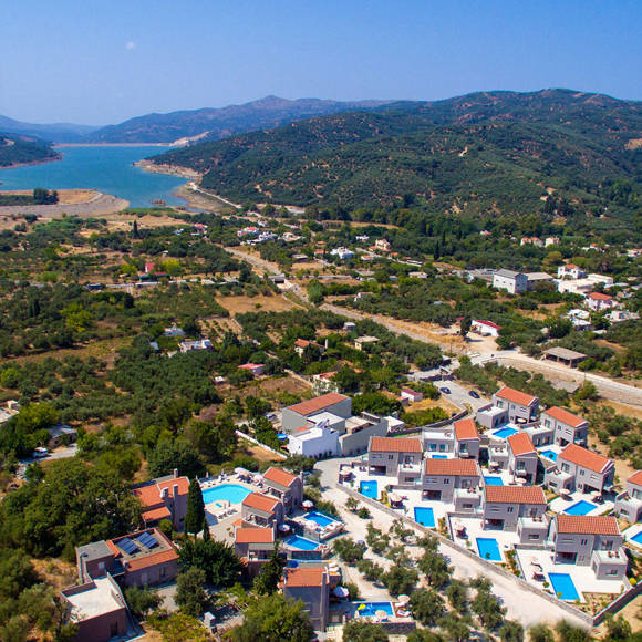 Aerial view of Avdou Collection by Trend Hotels surrounded by olive groves and mountains in Crete
